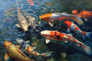Nine koi oil painting, clear water, realistic