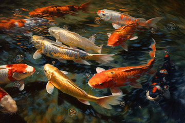 Nine koi oil painting, clear water, realistic