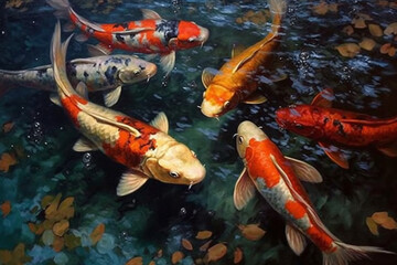 Nine koi oil painting, clear water, realistic