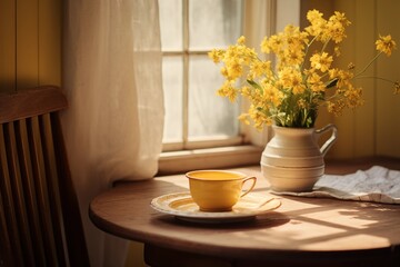 Fototapeta na wymiar Breakfast Nook, Country, Vintage tableware, spring, brunches and teacup on the table