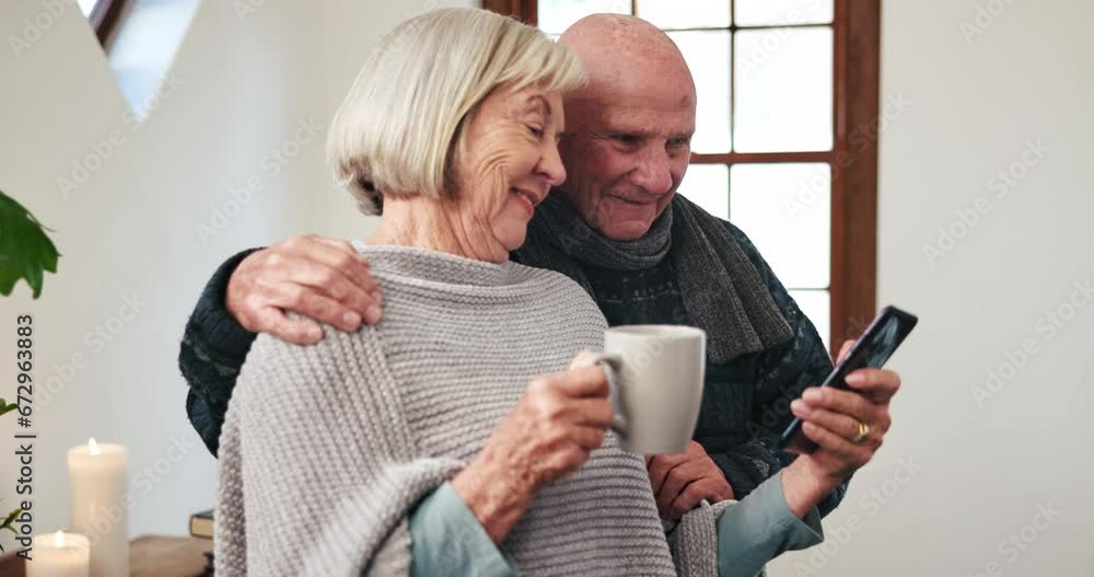 Poster Senior couple, smartphone and communication in home, stream and happy for social media update. Elderly man, woman and streaming on mobile phone to connect, online subscription, marriage and house