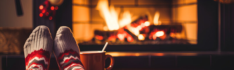 Feet in woolen socks by the Christmas fireplace. Person relaxing by the fire with a cup of hot drink. Close-up. Concept of winter vacations and Christmas. - obrazy, fototapety, plakaty