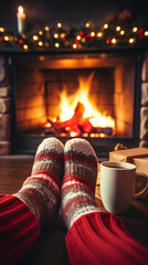 Fototapeta na wymiar Feet in woolen socks by the Christmas fireplace. Person relaxing by the fire with a cup of hot drink. Close-up. Concept of winter vacations and Christmas.