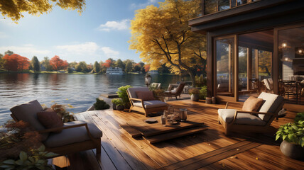 waterfront wooden deck, charming terrace with lounge zone and lake view on sunny autumn day - obrazy, fototapety, plakaty