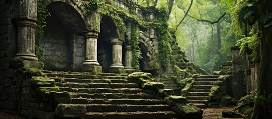 Ivy leaves have grown over the old stairs and columns