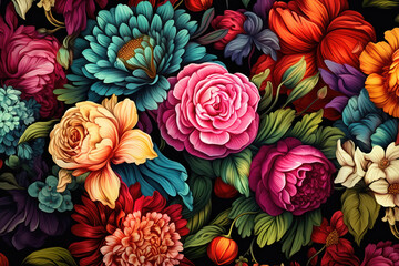 Colorful flower pattern on dark background, illustration generated by AI

