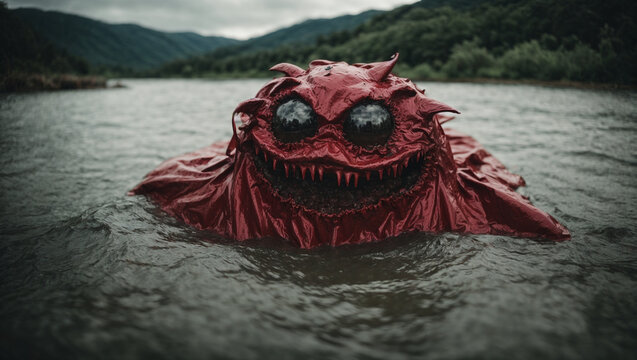 red monster with big eyes floating in river