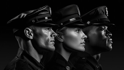 Side view profile portraits of three police officers - obrazy, fototapety, plakaty