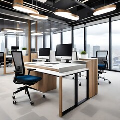 Fototapeta na wymiar At the heart of this office space sits an exquisite chair, meticulously crafted for comfort and style. Its ergonomic design provides unparalleled support, ensuring long hours of work feel like a breez