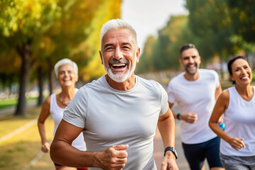 A group of adult men and women are running a marathon in the park with a smile.