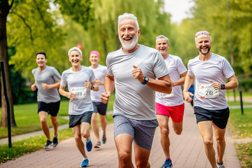 A group of adult men and women are running a marathon in the park with a smile.