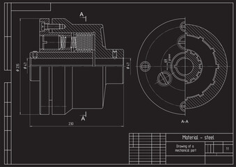 Vector drawing of a steel mechanical part with spring, through holes,
 bolted connections and threads.
Engineering cad scheme. Mechanic background.
