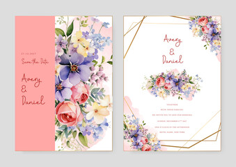 Purple violet and red rose and cosmos elegant wedding invitation card template with watercolor floral and leaves