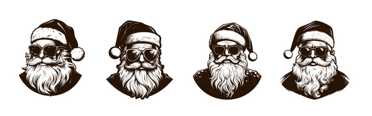 Set of different cool Santas with sunglasses. Retro Vintage Santa Claus clipart. Simple art of Santa Claus. Logo of Santa Claus. Vector illustration isolated on white. PNG                         - obrazy, fototapety, plakaty