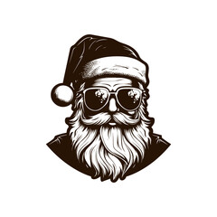 Cool cartoon Santa with sunglasses. Retro Vintage Santa Claus clipart. Simple art of Santa Claus. Logo of Santa Claus. Vector illustration isolated on white.