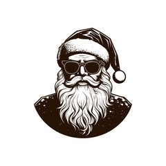 Cool Santa with sunglasses. Retro Vintage Santa Claus clipart. Simple art of Santa Claus. Logo of Santa Claus. Vector illustration isolated on white.