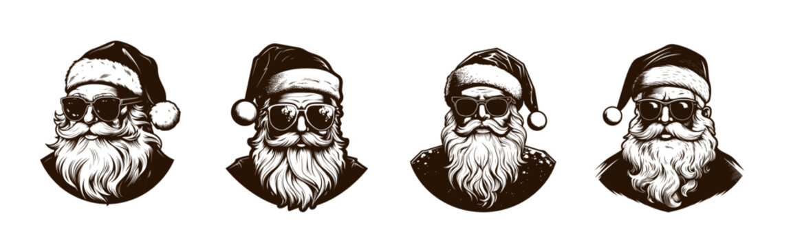 Set of different cool Santas with sunglasses. Retro Vintage Santa Claus clipart. Simple art of Santa Claus. Logo of Santa Claus. Vector illustration isolated on white. PNG                        
