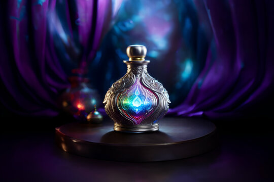 Silver embroidered, unique and iridescent color magic elixir potion bottle - Generative AI