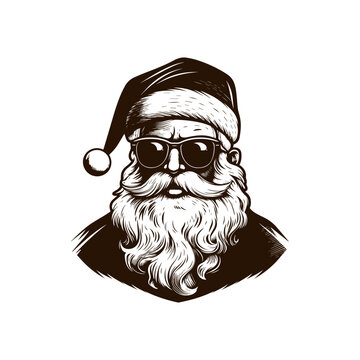 Cool Santa with sunglasses. Retro Vintage Santa Claus clipart. Simple art of Santa Claus. Logo of Santa Claus. Vector illustration isolated on white.