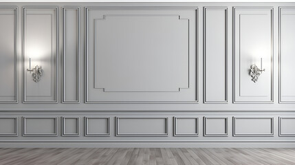 Fragment of an interior made of classic gray panels. Gray wall background with copy space in an empty room with brown parquet floor. Classical wall molding decoration in modern empty luxury home i