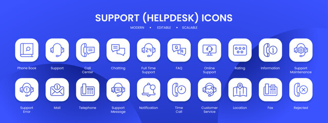 Support helpdesk icon collection with black filled line outline style. support, helpdesk, customer, business, collection, service, help. Vector Illustration