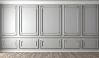 Fragment of an interior made of classic gray panels. Gray wall background with copy space in an empty room with brown parquet floor. Classical wall molding decoration in modern empty luxury home  - obrazy, fototapety, plakaty