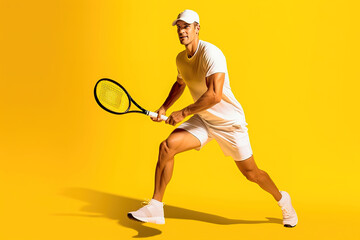 Muscular man with a tennis racket on a yellow background. - obrazy, fototapety, plakaty