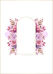 Pink white and purple violet modern wreath background invitation frame with flora and flower