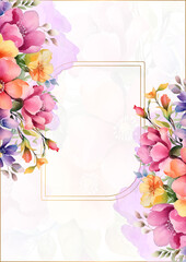 Colorful colourful watercolor hand painted background template for Invitation with flora and flower