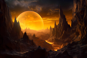 In this alien landscape a vast and luminous orange moon dominates the celestial canvas, casting its enchanting radiance over a surreal landscape of jagged, otherworldly mountains