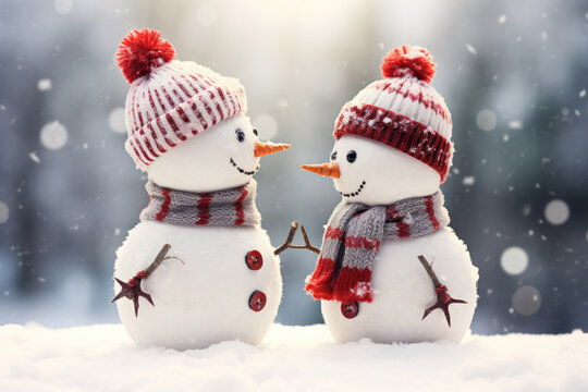 Two Snowmen Standing Face to Face
