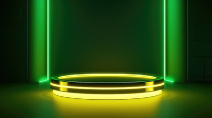 sleek metallic podium or pedestal with neon halo, gradient deep yellow to green background. product template mockup. Mockup for branding, packaging. Blank product shelf standing backdrop. Copy space.