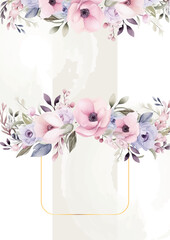 Pink white and purple violet vector frame with foliage pattern background with flora and flower