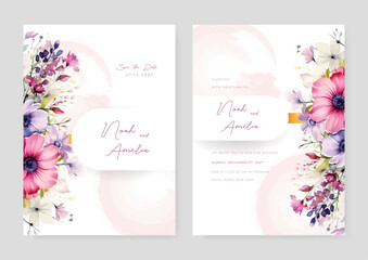 Fototapeta na wymiar Pink and purple violet poppy artistic wedding invitation card template set with flower decorations