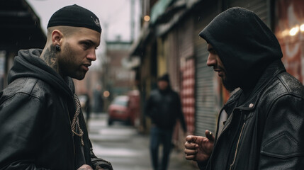 Two gang members having conversation in the street - obrazy, fototapety, plakaty