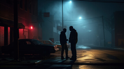 Two gang members having conversation in the street, night scene