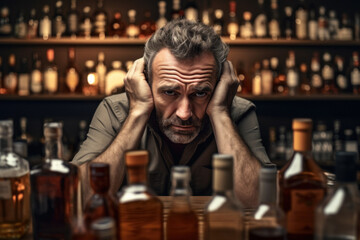 Middle aged sad depressed alcoholic man in a bar - obrazy, fototapety, plakaty