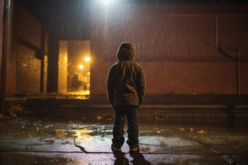 Homeless or abandoned kid in the street, cold rainy night - obrazy, fototapety, plakaty