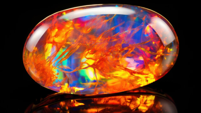 Iridescent polished opal on black background
