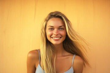 Obraz premium Beautiful Young Woman with Long Blond Hair on a Yellow Background