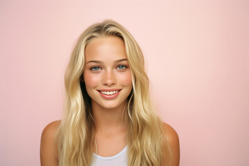 Portrait of Beautiful Young Woman with Blond Hair on Pink Background
