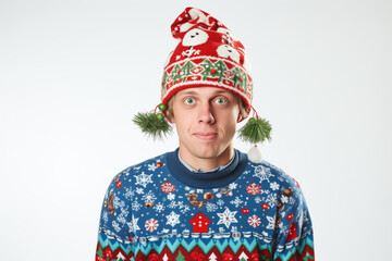 Festive Elegance: Man in Stylish Christmas Attire with Santa Claus Hat in a White Background. Enjoying Christmas on a White Background