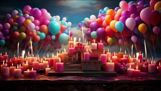 Colorful 3D birthday  or anniversary concept , Festive celebration at a fantasy castle with colorful balloons and glowing candles, creating a magical birthday or anniversary party atmosphere      