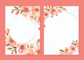 Peach sakura luxury wedding invitation with golden line art flower and botanical leaves, shapes, watercolor