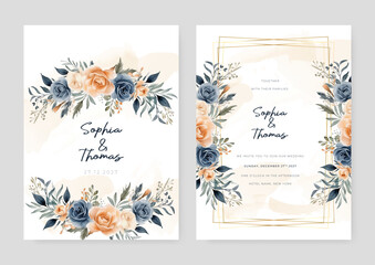 Beige and blue rose beautiful wedding invitation card template set with flowers and floral