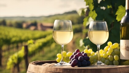 Two glasses of white wine and a bottle of wine on a wooden barrel with grapes in a vineyard. The photo conveys a sense of relaxation and enjoyment of nature.