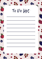 Cute vector lined check list, note with cartoon berries small cowberry, currant, blueberry, blackberry, mulberry, nectarine, plum. Printable to do, diary, page notebook, daily planner, notes