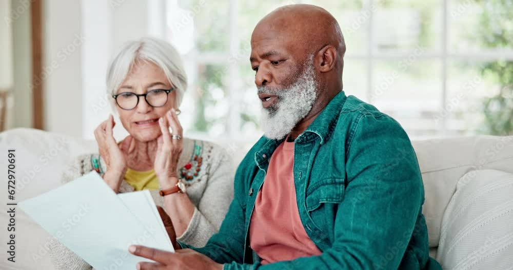 Wall mural Documents, discussion and senior couple with stress in living room talk on debt, mortgage or bill payment. Conversation, paperwork and elderly man and woman in retirement speak in lounge at home.