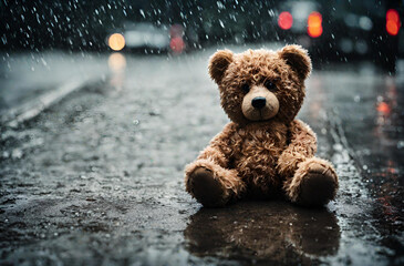 Teddy bear in the rain. Generative ai - obrazy, fototapety, plakaty