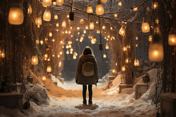 A girl with a backpack stands with her back to the camera in the middle of a winter forest with garlands. Generative ai